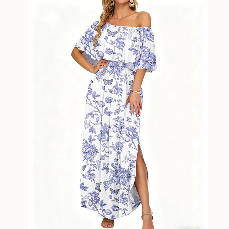 ⭐ 50% Rabatt ⭐ 2026 Sommer-Off-Shoulder-Blumendruck-Kleid – Rüschen + High-Waist + versteckte Taschen