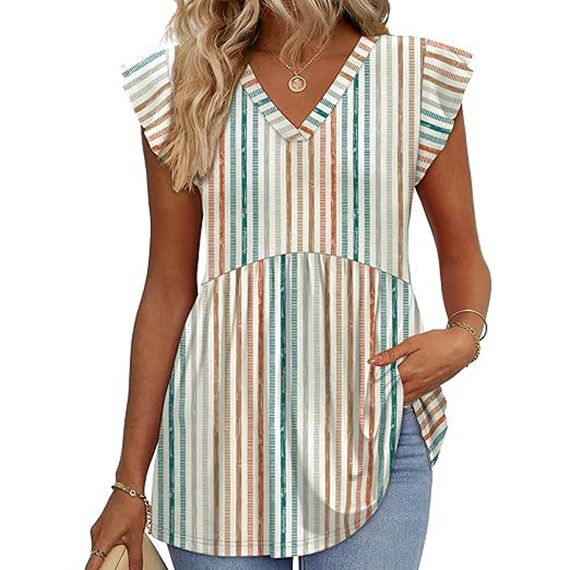 Sommer-Top für Damen mit V-Ausschnitt, Rüschenärmeln, Blumenmuster und Schößchen