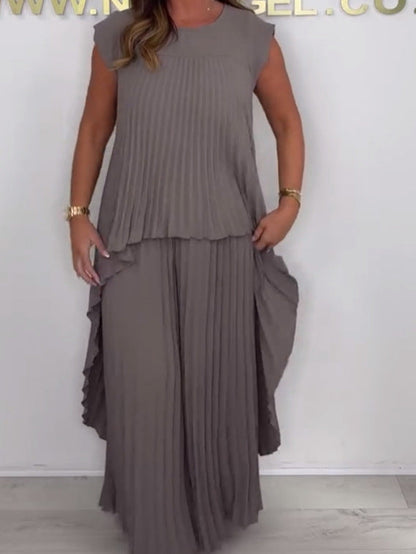 ✨🌸 50% Rabatt | Plisseeset – kurzärmliges, unregelmäßiges Midi-Top + Hose mit elastischer Taille & weitem Bein – streckt die Figur, macht schlank, elegant & vielseitig
