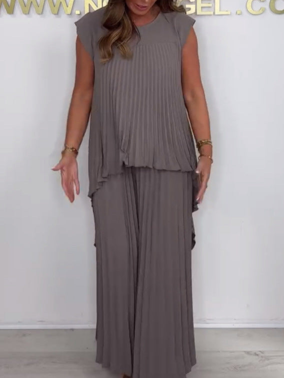 ✨🌸 50% Rabatt | Plisseeset – kurzärmliges, unregelmäßiges Midi-Top + Hose mit elastischer Taille & weitem Bein – streckt die Figur, macht schlank, elegant & vielseitig