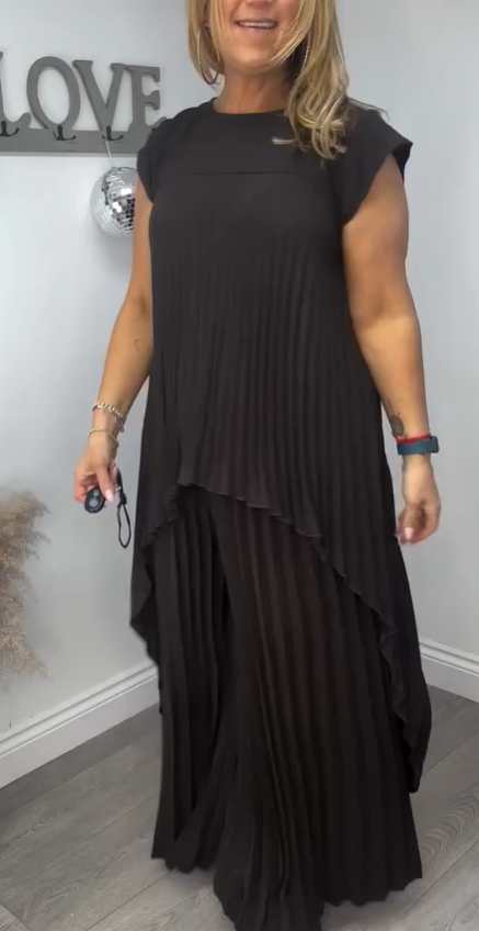 ✨🌸 50% Rabatt | Plisseeset – kurzärmliges, unregelmäßiges Midi-Top + Hose mit elastischer Taille & weitem Bein – streckt die Figur, macht schlank, elegant & vielseitig