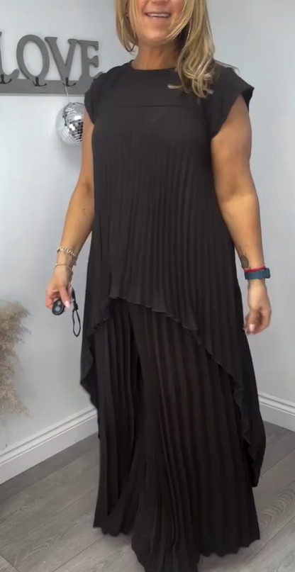 ✨🌸 50% Rabatt | Plisseeset – kurzärmliges, unregelmäßiges Midi-Top + Hose mit elastischer Taille & weitem Bein – streckt die Figur, macht schlank, elegant & vielseitig