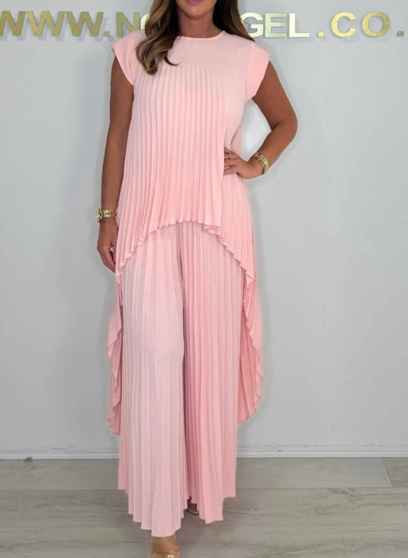 ✨🌸 50% Rabatt | Plisseeset – kurzärmliges, unregelmäßiges Midi-Top + Hose mit elastischer Taille & weitem Bein – streckt die Figur, macht schlank, elegant & vielseitig