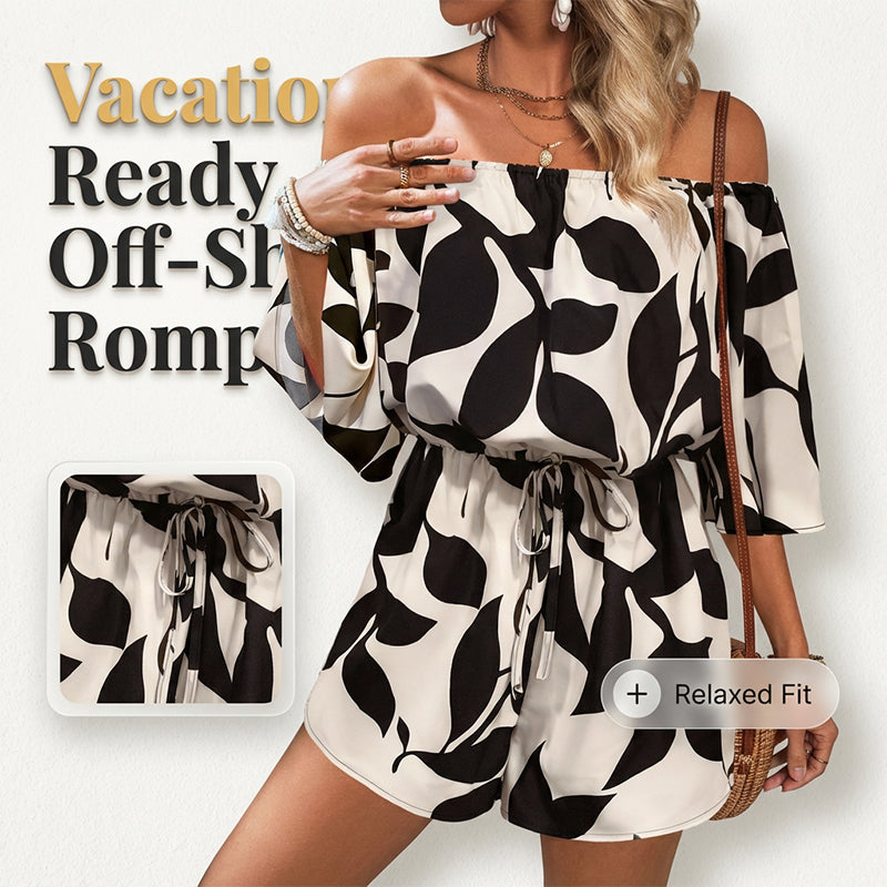 💃 Wochenangebot: 53% sparen! Französischer Off-Shoulder Shorts Jumpsuit – Abstraktes Blattmuster & Kordelzug – Perfekt für entspannte Sommertage