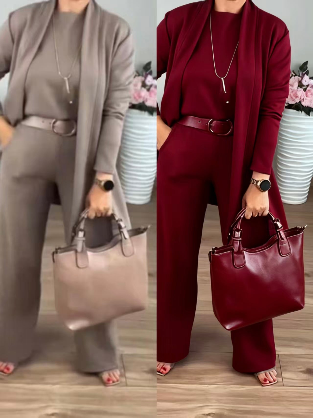 Elegantes 3-teiliges Set aus Longline-Cardigan, Top und Hose