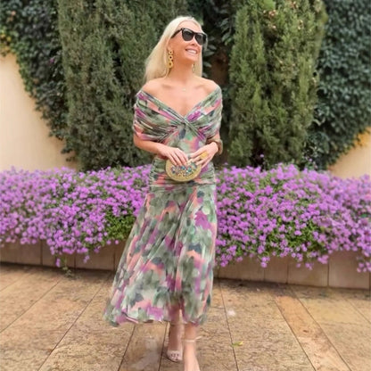 🌸Neuerscheinung 50% RABATT 💖Damen Trägerlos-Kleid mit V-Ausschnitt und Druck （S-5XL）