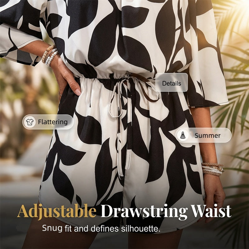 💃 Wochenangebot: 53% sparen! Französischer Off-Shoulder Shorts Jumpsuit – Abstraktes Blattmuster & Kordelzug – Perfekt für entspannte Sommertage