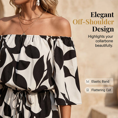 💃 Wochenangebot: 53% sparen! Französischer Off-Shoulder Shorts Jumpsuit – Abstraktes Blattmuster & Kordelzug – Perfekt für entspannte Sommertage
