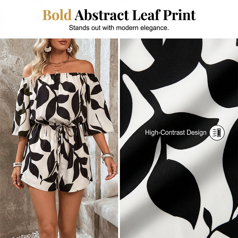 💃 Wochenangebot: 53% sparen! Französischer Off-Shoulder Shorts Jumpsuit – Abstraktes Blattmuster & Kordelzug – Perfekt für entspannte Sommertage