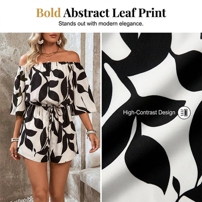 💃 Wochenangebot: 53% sparen! Französischer Off-Shoulder Shorts Jumpsuit – Abstraktes Blattmuster & Kordelzug – Perfekt für entspannte Sommertage