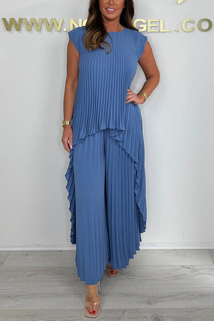 ✨🌸 50% Rabatt | Plisseeset – kurzärmliges, unregelmäßiges Midi-Top + Hose mit elastischer Taille & weitem Bein – streckt die Figur, macht schlank, elegant & vielseitig