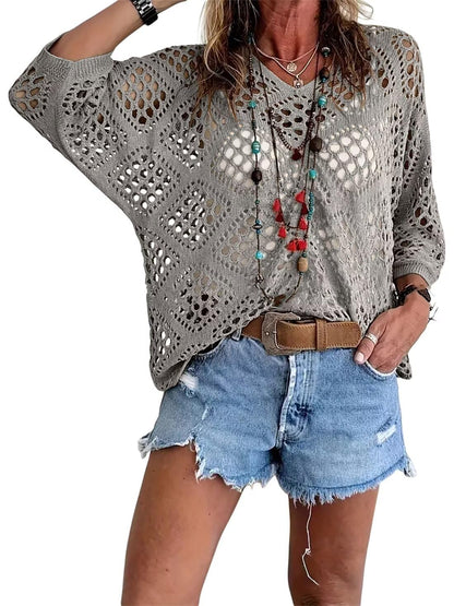🥰50 % Rabatt💛Beiges Häkeloberteil für Damen im Boho-Stil mit V-Ausschnitt