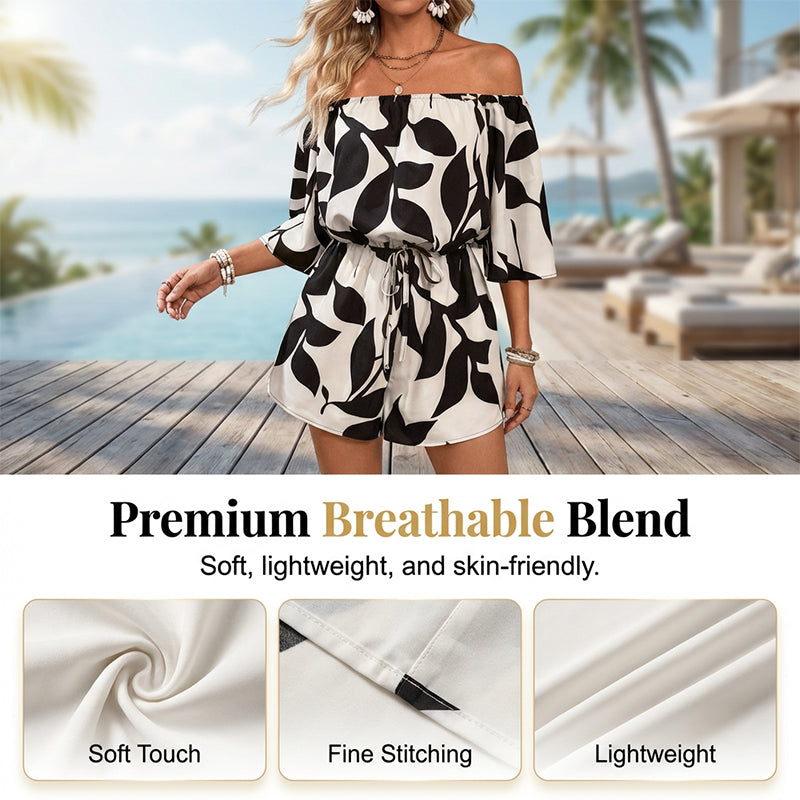 💃 Wochenangebot: 53% sparen! Französischer Off-Shoulder Shorts Jumpsuit – Abstraktes Blattmuster & Kordelzug – Perfekt für entspannte Sommertage