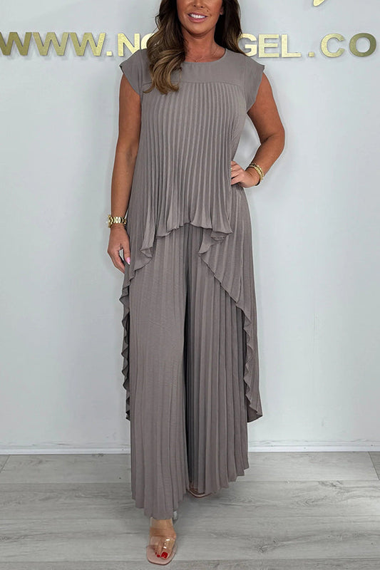 ✨🌸 50% Rabatt | Plisseeset – kurzärmliges, unregelmäßiges Midi-Top + Hose mit elastischer Taille & weitem Bein – streckt die Figur, macht schlank, elegant & vielseitig
