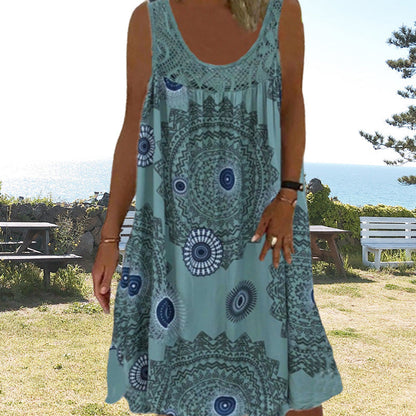 🔥Women Sommer O-Ausschnitt ärmelloses Kleid mit Druck