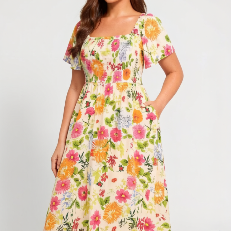 🔥Letzter Tag: 56% Rabatt!⏰🌸👗 Blumenkleid mit Raffungen, quadratischem Ausschnitt & Taschen🏖️