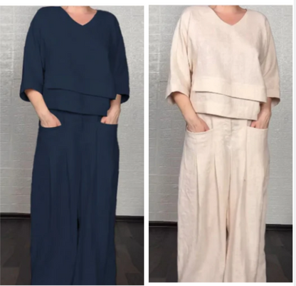 ☀️ Sommer = Leinen-Baumwolle! V-Ausschnitt + Weite Hose | Unregelmäßiger Saum | Luftiger Loungewear-Stil 🍃💫