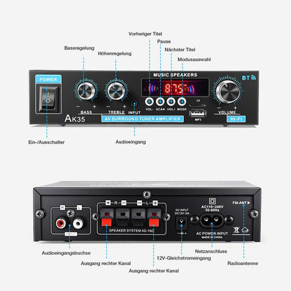 Audioverstärker 2-Kanal 600W Mini HIFI Digital Bluetooth Verstärker mit FM-Radio