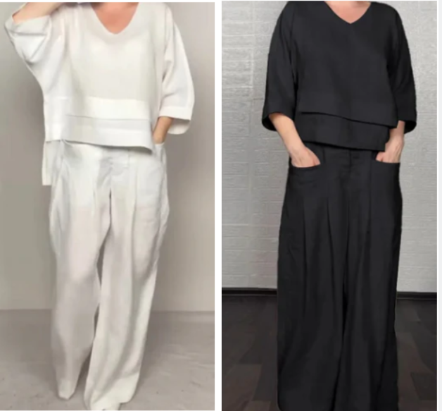 ☀️ Sommer = Leinen-Baumwolle! V-Ausschnitt + Weite Hose | Unregelmäßiger Saum | Luftiger Loungewear-Stil 🍃💫