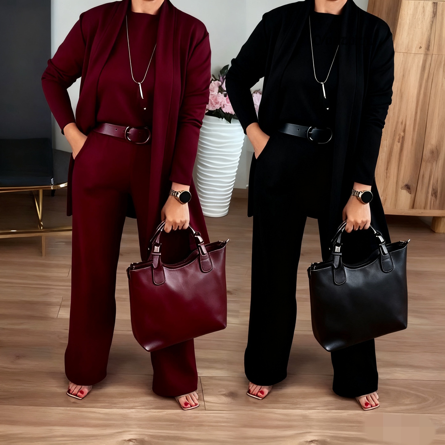 Elegantes 3-teiliges Set aus Longline-Cardigan, Top und Hose