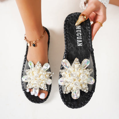 🔥 Damen Pailletten & Perlen Pantoffel – Rutschfeste Flachsohle | Elegante Zehensteg-Sandalen für Sommer (35-43) 👡✨