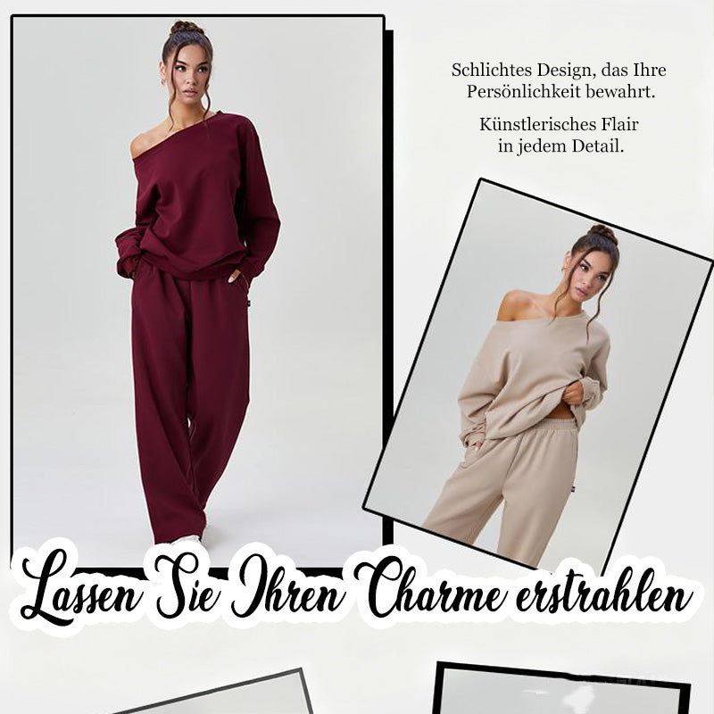 ✨ LETZTER TAG VERKAUF 50% RABATT ✨Damen-Freizeit-Outfit mit einfarbiger Schrägschulter-Langarmbluse & Weitbeinhose