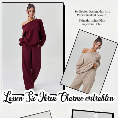 ✨ LETZTER TAG VERKAUF 50% RABATT ✨Damen-Freizeit-Outfit mit einfarbiger Schrägschulter-Langarmbluse & Weitbeinhose