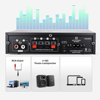 Audioverstärker 2-Kanal 600W Mini HIFI Digital Bluetooth Verstärker mit FM-Radio