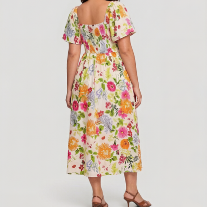 🔥Letzter Tag: 56% Rabatt!⏰🌸👗 Blumenkleid mit Raffungen, quadratischem Ausschnitt & Taschen🏖️