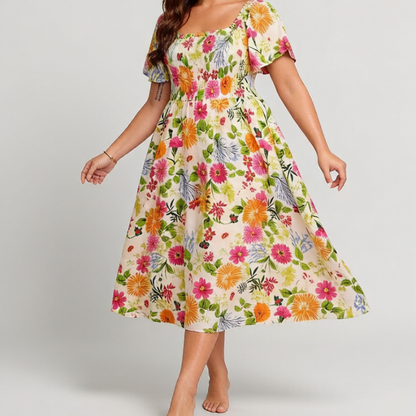🔥Letzter Tag: 56% Rabatt!⏰🌸👗 Blumenkleid mit Raffungen, quadratischem Ausschnitt & Taschen🏖️