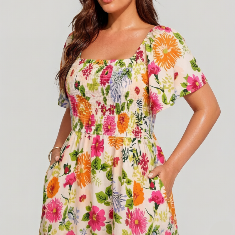 🔥Letzter Tag: 56% Rabatt!⏰🌸👗 Blumenkleid mit Raffungen, quadratischem Ausschnitt & Taschen🏖️