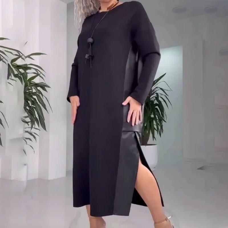 Damen lässiges, lockeres Leder-Patchwork-Kleid mit Taschen❤️
