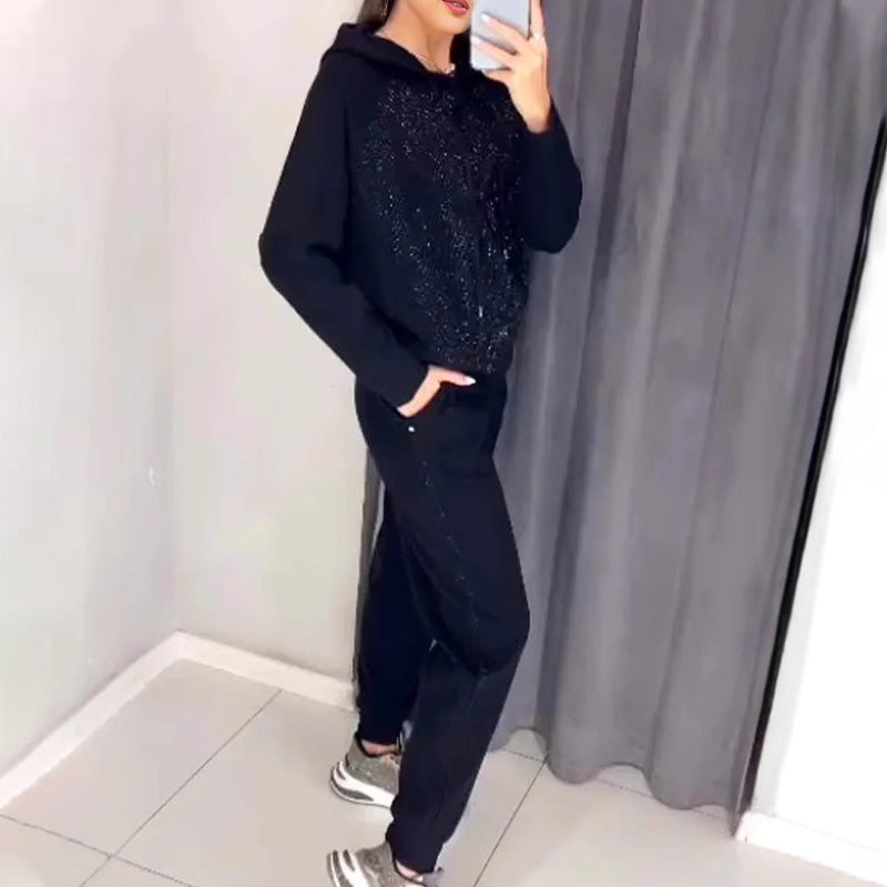 🔥Bis zu 50% Rabatt!!✨Damen Glitter Rhinestone Sweatshirt & Casual Hose 2-teiliges Set