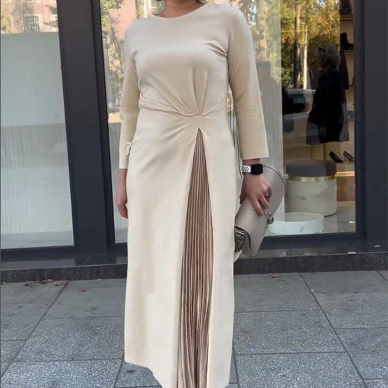⏳Zeitlich begrenzter 50% RABATT⏰ Langarmkleid mit Rundhalsausschnitt, gerafftem Saum an der Taille