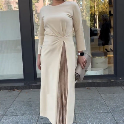 ⏳Zeitlich begrenzter 50% RABATT⏰ Langarmkleid mit Rundhalsausschnitt, gerafftem Saum an der Taille