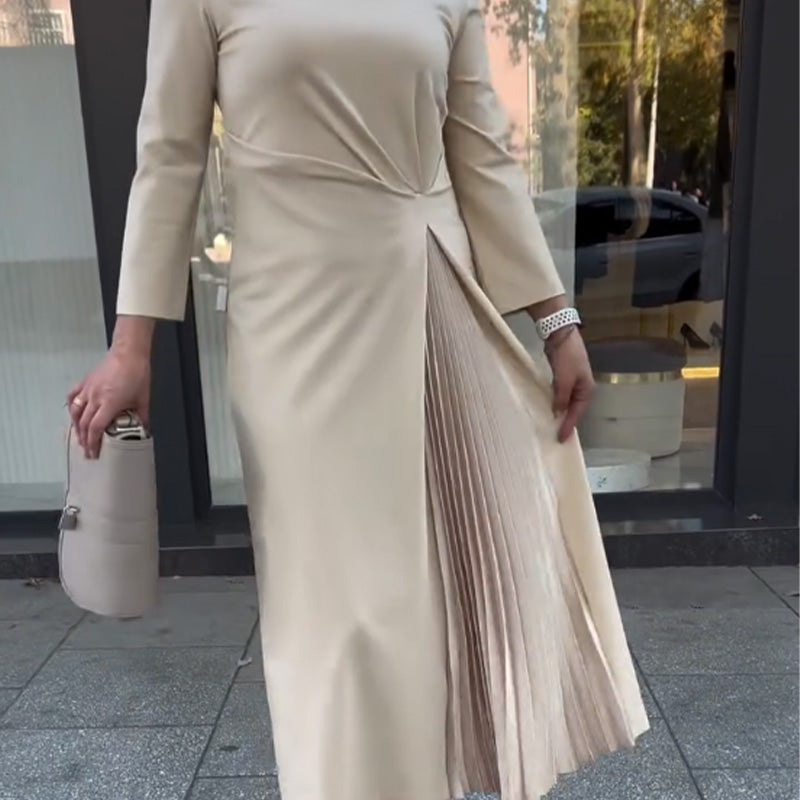 ⏳Zeitlich begrenzter 50% RABATT⏰ Langarmkleid mit Rundhalsausschnitt, gerafftem Saum an der Taille