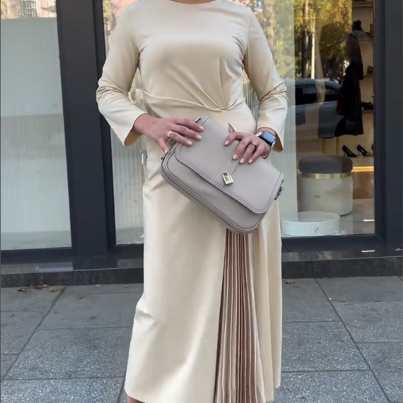 ⏳Zeitlich begrenzter 50% RABATT⏰ Langarmkleid mit Rundhalsausschnitt, gerafftem Saum an der Taille