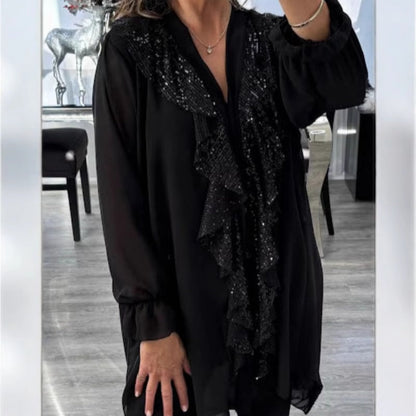 🔥💃Langärmliges Chiffon-Shirt mit V-Ausschnitt und Pailletten für Damen