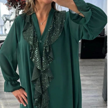 🔥💃Langärmliges Chiffon-Shirt mit V-Ausschnitt und Pailletten für Damen