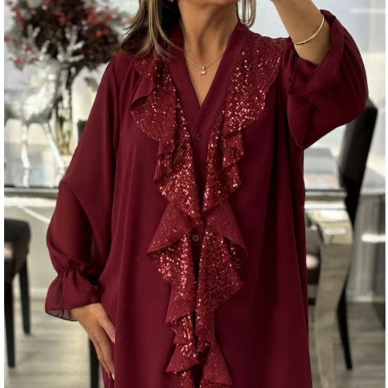 🔥💃Langärmliges Chiffon-Shirt mit V-Ausschnitt und Pailletten für Damen