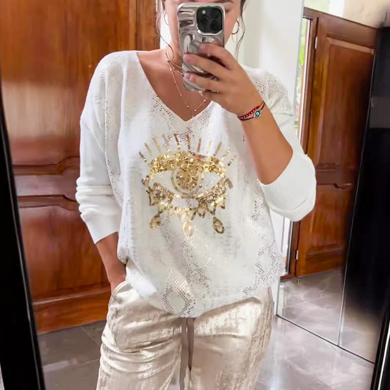 ✨ 2-teiliges Damen-Set: Goldfolien-Oberteil mit Devil's Eye Design & Pailletten-Hosen ✨
