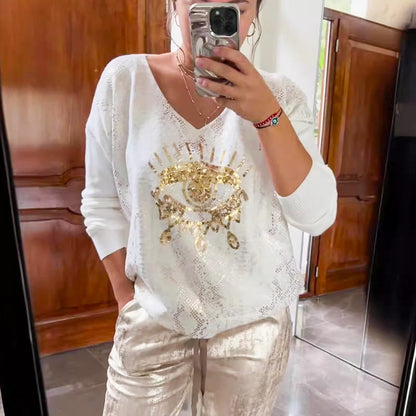 ✨ 2-teiliges Damen-Set: Goldfolien-Oberteil mit Devil's Eye Design & Pailletten-Hosen ✨