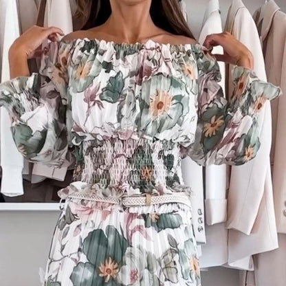 🌷50% RABATT❤️‍🔥Zweiteiliges Set mit Blumenmuster: Off-Shoulder-Bluse & Maxirock