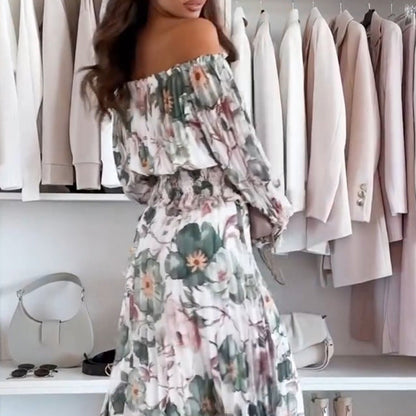 🌷50% RABATT❤️‍🔥Zweiteiliges Set mit Blumenmuster: Off-Shoulder-Bluse & Maxirock