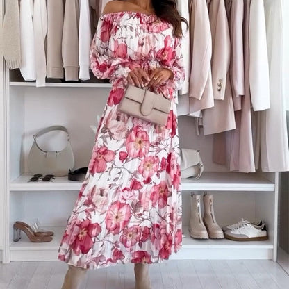 🌷50% RABATT❤️‍🔥Zweiteiliges Set mit Blumenmuster: Off-Shoulder-Bluse & Maxirock