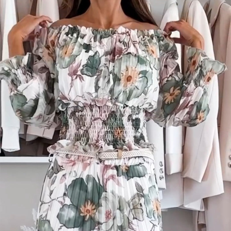 🌷50% RABATT❤️‍🔥Zweiteiliges Set mit Blumenmuster: Off-Shoulder-Bluse & Maxirock