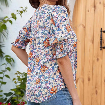 🌸 FLASH-SALE: 50% AUF BLUSEN! 👒 Damen Bluse mit Blumenmuster – Romantische Puffärmel & V-Ausschnitt 💃