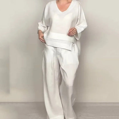 ☀️ Sommer = Leinen-Baumwolle! V-Ausschnitt + Weite Hose | Unregelmäßiger Saum | Luftiger Loungewear-Stil 🍃💫