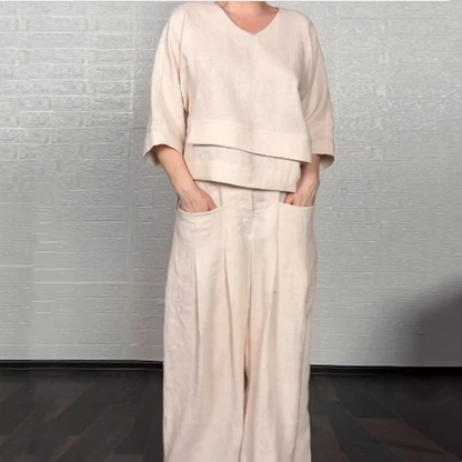 ☀️ Sommer = Leinen-Baumwolle! V-Ausschnitt + Weite Hose | Unregelmäßiger Saum | Luftiger Loungewear-Stil 🍃💫