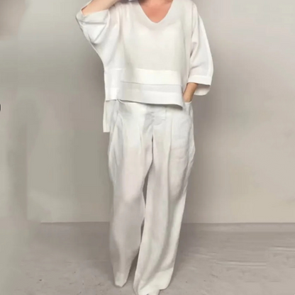 ☀️ Sommer = Leinen-Baumwolle! V-Ausschnitt + Weite Hose | Unregelmäßiger Saum | Luftiger Loungewear-Stil 🍃💫